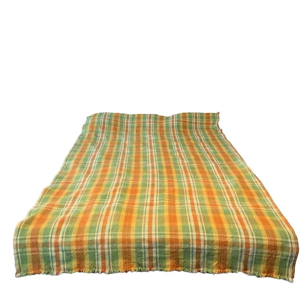 April Cornell Orange Yellow Green Plaid and Fringe Rectangular Tablecloth 80x54